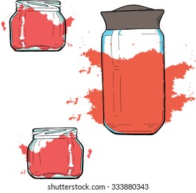 Set of glass jars with jam. Multicolor cartoon sketch. Hand drawn by ink. Vector illustration.