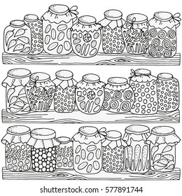 Jarrones de vidrio con mermelada y otros sobre estantes de madera. Patrón para el libro de colorear. Pantería. Canning.  Elementos decorativos dibujados a mano en el vector. Blanco y negro.  Zentangle.