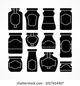 Set of glass jars with labels in black for canning and preserving on white. Vector illustration.