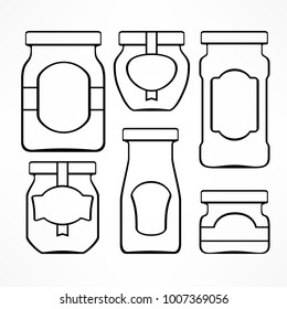 Set of glass jars with labels for canning and preserving isolated on white. Vector illustration.
