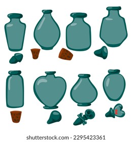 A set of glass jars with lids. Vector illustration. Vintage design with a hand-drawn color sketch of spots. Empty containers with lids, open jars for liquid. Collection of glass