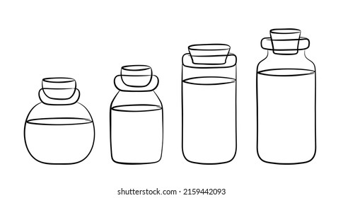 A set of glass jars with liquid inside, circled in black. The jar is closed with a cork stopper. Vector illustration.