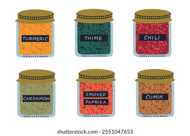 Set of glass jars with metal lids and black labels, colorful spices turmeric, cumin, and chili. Vector illustrations of cardamom, thyme and paprika in flat cartoon style, culinary and kitchen designs