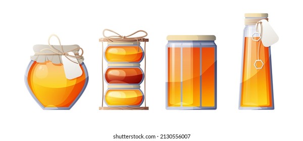 A set of glass jars with natural honey. Useful product. Suitable for stickers, website decor, etc.
