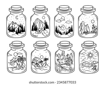 Set of glass jars with a natural landscape inside. Collection of adventure bottles with scenes of mountains, beach, desert and cacti. Magic Bottle.Travel label. Vector illustration for t-shirt print.