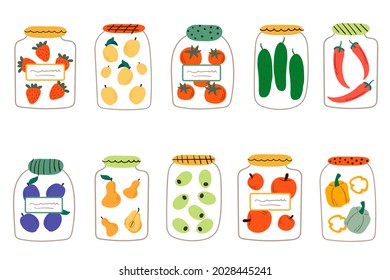 A set of glass jars with pickled vegetables and fruits. Cartoon flat vector illustration. Vector illustration of canned fruits and vegetables, healthy meal set