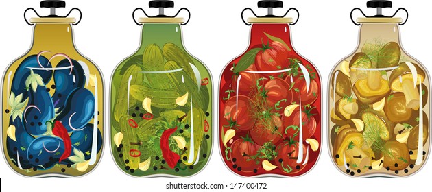Set of glass jars with preserved vegetables and mushrooms over white background
