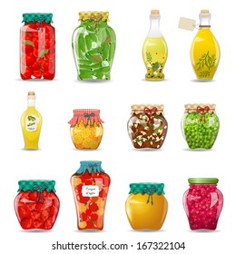 Set of glass jars with preserved vegetables, mushrooms, fruit and honey for your design