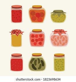 Set of glass jars with preserved vegetables, stewed fruits and berry jams. Cute hand drawn vector colorful funny cartoon style illustration