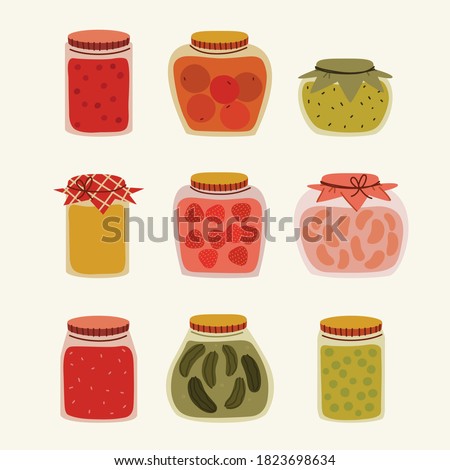 Set of glass jars with preserved vegetables, stewed fruits and berry jams. Cute hand drawn vector colorful funny cartoon style illustration