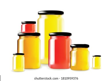 Set of glass jars with red jam and yellow honey cans mockup. Homemade confiture pots, big and small marmalade bottles, isolated transparent containers vector illustration