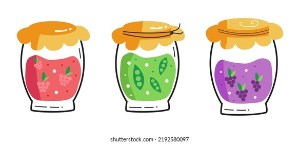 set of Glass Jars With Red Jam Filled With Berries and vegetables, conservation collection, vector illustration.