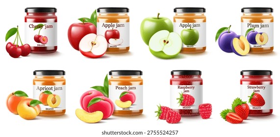 Set of Glass jars with various fruit jams or confitures, homemade marmalade or preparations. Cherry, apple, plum, peach, raspberry and strawberry jam. Realistic 3d vector illustration