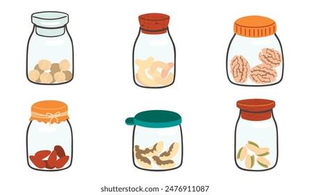 Set of glass jars with various nuts.Containers with different lids.Hazel, cashew, walnut, almond, pistachio and Brazil nut.Healthy food  graphic design for card,poster,banner.Vector flat  illustration