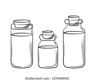 A set of glass jars of various shapes with cork plugs. Hand-drawn balloon with lid in line style. Isolated vector illustration.