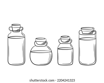 A set of glass jars of various shapes with cork plugs. Hand-drawn balloon with lid in line style. Isolated vector illustration.