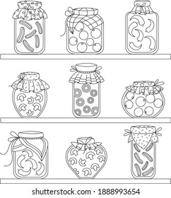 Set of glass jars with vegetables on shelves. Pattern for coloring book. Pantry. Canning. Black and white. 