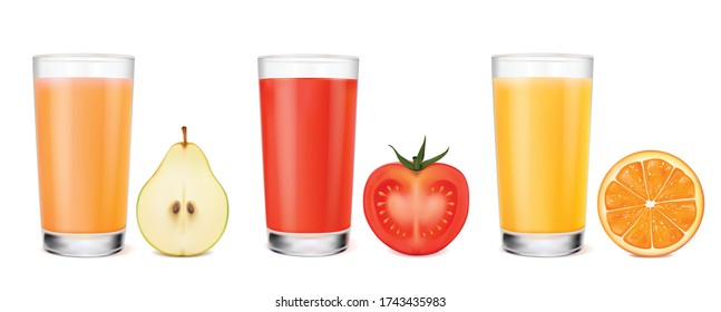 Set of glass with juice and fruits and vegetables on a white background