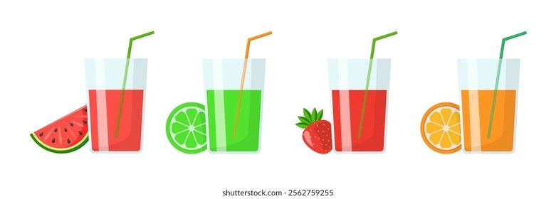 Set of glass juice glass icons with drinking tube, with pieces of fruit. On white background. Watermelon, strawberry, orange juice. Vector graphics 