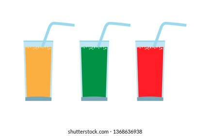 Set of Glass with juice and straw. Carbonated bubbles on surface. Orange, Green and red colors. Vector illustration.