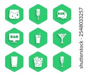 Set Glass of juice, whiskey, champagne, Martini glass, with water, Alcohol bar location, Street signboard Bar and  icon. Vector
