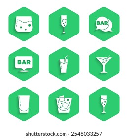Set Glass of juice, whiskey, champagne, Martini glass, with water, Alcohol bar location, Street signboard Bar and  icon. Vector