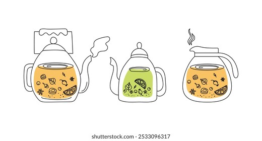 Un conjunto de teteras de cristal con té caliente. Dibujos, garabatos. Té en teteras, menta, limón, jengibre. Bebida caliente caliente caliente saludable. Temporada de invierno. Ilustración vectorial de iconos de la hora del té.