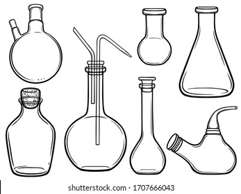 Conjunto de platos de vidrio de laboratorio para experimentos químicos. Dibujo lineal monocromo.  Ilustración vectorial aislada en fondo blanco.