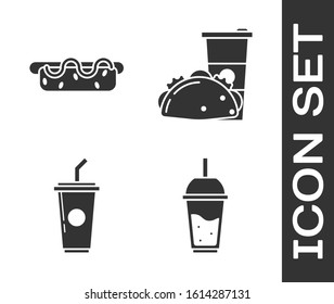 Set Glass of lemonade with drinking straw, Hotdog sandwich with mustard, Paper glass with drinking straw and water and Paper glass and taco with tortilla icon. Vector
