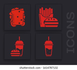 Set Glass of lemonade with drinking straw, Sandwich, Burger and french fries in carton package box and Paper glass with drinking straw and burger icon. Vector