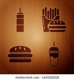 Set Glass of lemonade with drinking straw, Sauce bottle, Burger and Burger and french fries in carton package box on wooden background. Vector