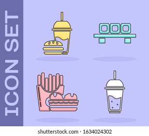 Set Glass of lemonade with drinking straw, Paper glass with drinking straw and burger, Burger and french fries in carton package box and Sushi on cutting board icon. Vector
