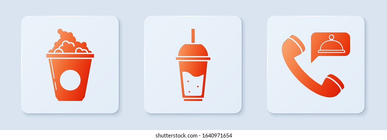 Set Glass of lemonade with drinking straw, Popcorn in cardboard box and Food ordering. White square button. Vector