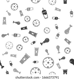 Setzen Sie Glas Limonade mit Trinkstrohhalm, Pizza, Hühnerschenkel und Papier Glas und Wasser auf nahtloses Muster. Vektorillustration