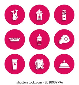 Set Glass of lemonade with drinking straw, Sandwich, Covered tray food, Scrambled eggs, Paper glass water, Hotdog sandwich mustard, Doner kebab and Chicken leg icon. Vector