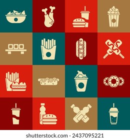 Set Glass of lemonade with drinking straw, Ice cream, Paper glass and burger, Potatoes french fries carton package box, Sushi cutting board, Nachos plate and Hotdog sandwich mustard icon. Vector