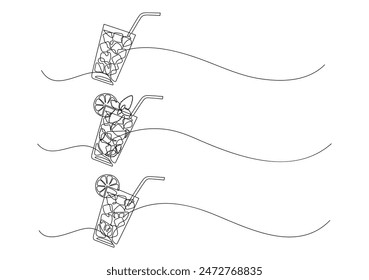 Set of glass of lemonade, mojito, or cocktail and water. Continuous line drawing.