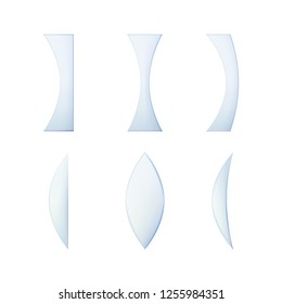 Set of glass lenses of different cross sections. Vector illustration. Collection of optical vitreous.