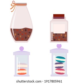 set glass with a lid. a jar for storing bulk products. a can of cookies, a can of coffee. stock vector kitchen illustration on a white background.
