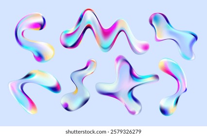 Set of Glass liquid bubbles and drops. Collection of iridescent abstract shapes on light background.
