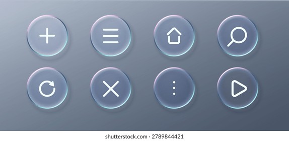 Set of Glass liquid circle and button ui icon with web 3d interface. Modern background element and square design morphism with frame application kit. Transparent glass digital and app button set