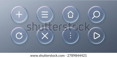 Set of Glass liquid circle and button ui icon with web 3d interface. Modern background element and square design morphism with frame application kit. Transparent glass digital and app button set