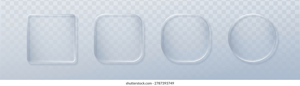 Set of Glass liquid effect with button box circle for 3d ui transparent. Web icon text with glass shape white for element interface light. Infographic vector glass with square button morphism for box