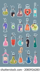 A set of glass magic bottles with liquids. Vector graphics.