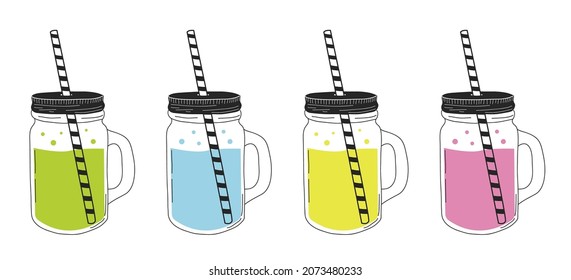 Set Glass Mason Jar Mug Outline With Lid And Straw. Smoothies, Juices, Drinks. Sketch, Doodle Style.