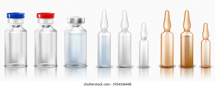 A set of glass medical ampoules or vials with a vaccine or medicine for treatment. Brown ampoules set .Bottles or transparent capsules with aluminum and plastic caps. Realistic 3d vector