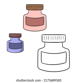 Set of glass medicine bottle, glass jar with label soaked in paint, vector illustration in cartoon style on a white background