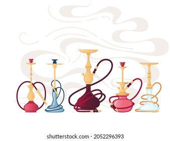 Set of glass and metal hookah with aroma smoke vector illustration on white background
