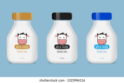 Set of glass milk bottle. Fresh and natural organic milk farm daily product. Allergen mark label and logo food and drink trade.