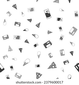Set Glass with milk, Cheese, Milk in plastic bottle and Ice cream waffle cone on seamless pattern. Vector